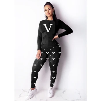 

IMDVC Spring Turtlenecks Full Sleeve zipper Letter Flower Printed top 2 piece set casual sport suit women tracksuit set