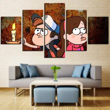 

5 Pieces Gravity Fall Canvas Posters Girl and Boy In the Cave With Candle Pictures Oil Painting Cartoon For Home Kid Room Decor