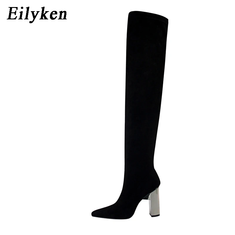 Black Eilyken/женские черные сапоги выше колена из эластичной ткани; обувь на квадратном металлическом каблуке; пикантные женские мотоботы с острым носком - Цвет: Black