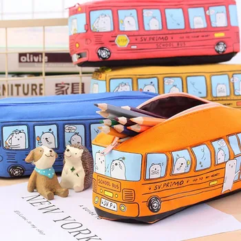 

Creative High Quality Cute School Bus Pencil Case,large Capacity Canvas Car Pencil Bag,orange,red,yellow,blue Available