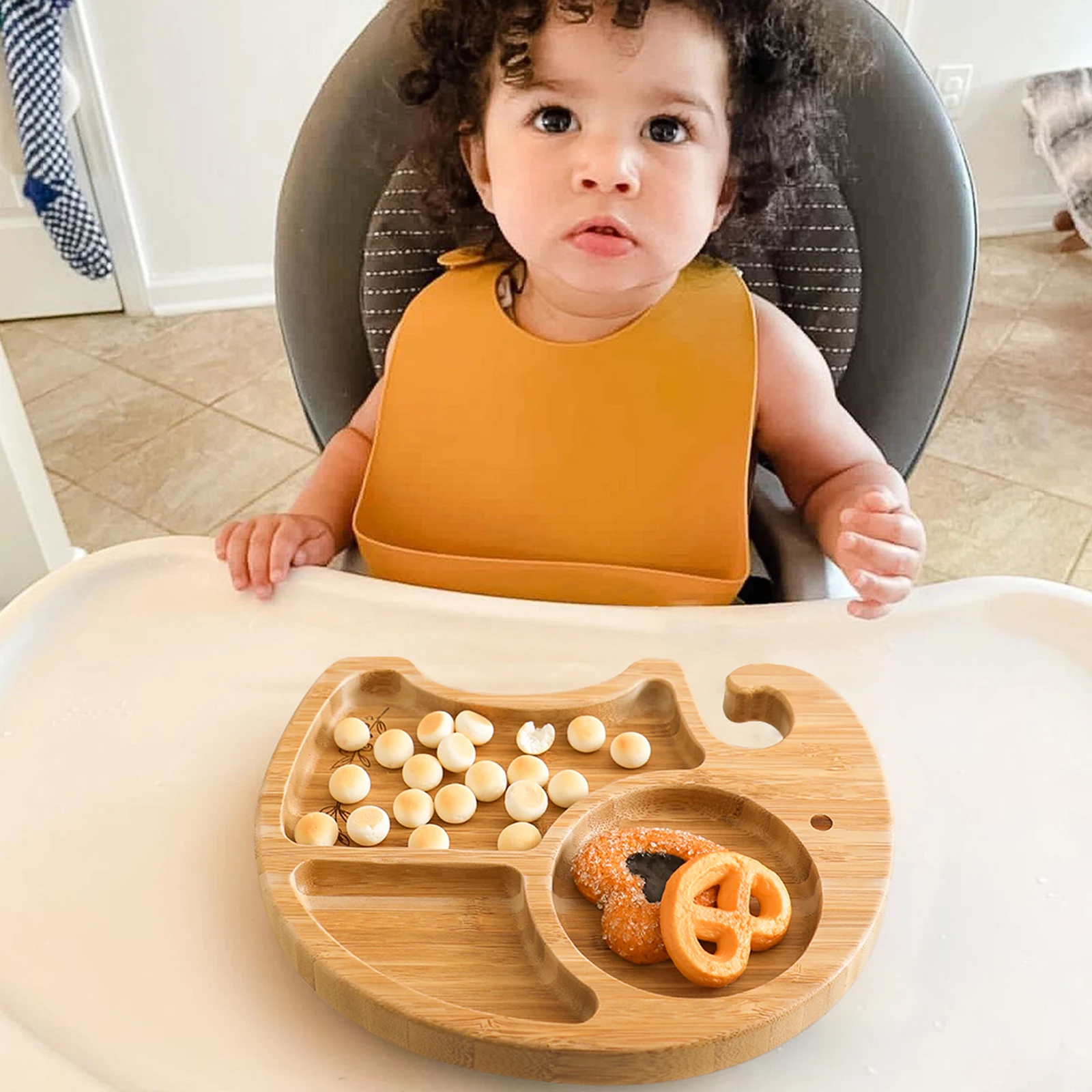 Wooden Baby Feeding Bowl Cartoon Elephant Clouds Bamboo Kids Feeding Dinnerware With Silicone Suction Cup Anti-hot Tableware 3
