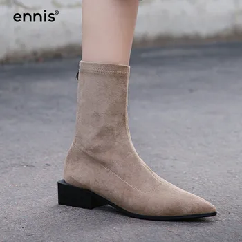 

ENNIS Brand Flock Suede Stretch Boots Black Women Square Low Heel Boots Ladies Pointed Toe Ankle Boots Autumn Casual Shoes A9184