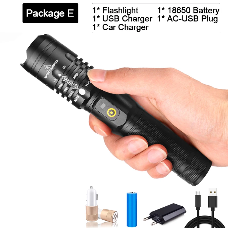 Ультра яркий светодиодный фонарик XHP50.2 мощный перезаряжаемый USB фонарь с масштабируемым фонариком с аккумулятором 18650 с usb-кабелем - Испускаемый цвет: Package E