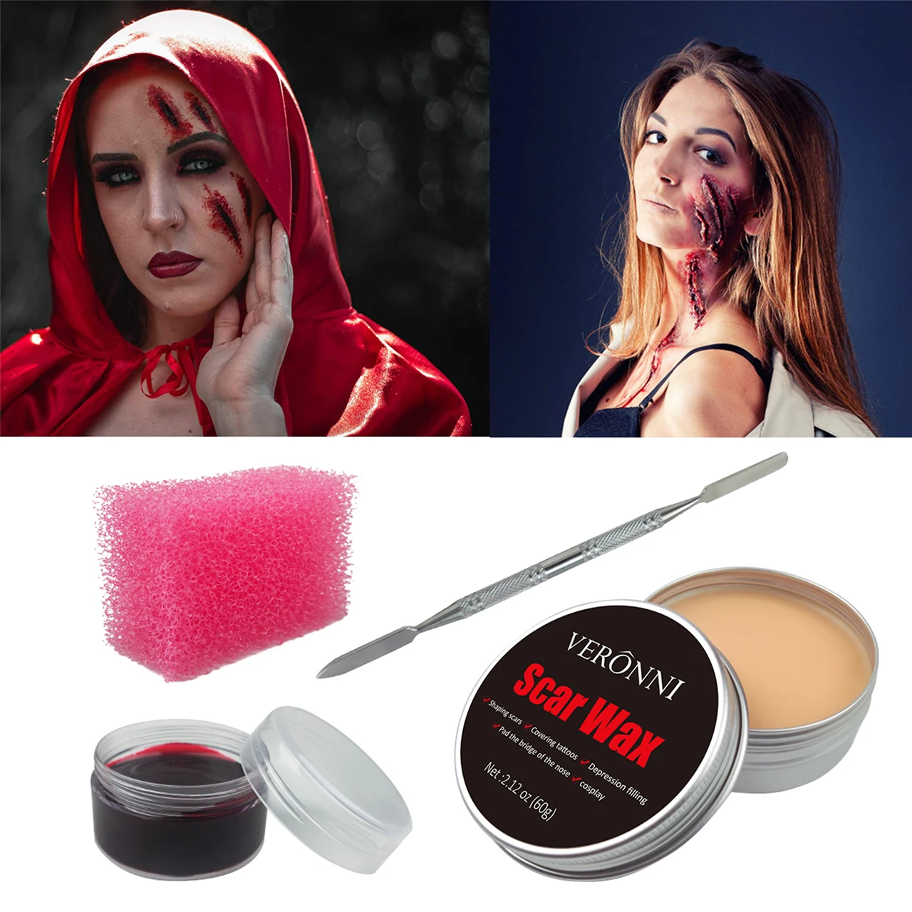 VERONNI SFX Makeup Kit Scars Wax Halloween Special Effects Stage Fake Wound Skin Wax with Spatula Stipple Sponge Fake Wood 2
