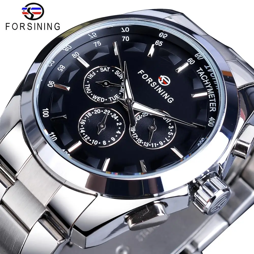 Forsining Black Men's Mechanical Watch 3 Dial Calendar Automatic Self-Wind Clock Business Sport Stainless Steel Belts Wristwatch afbeelding
