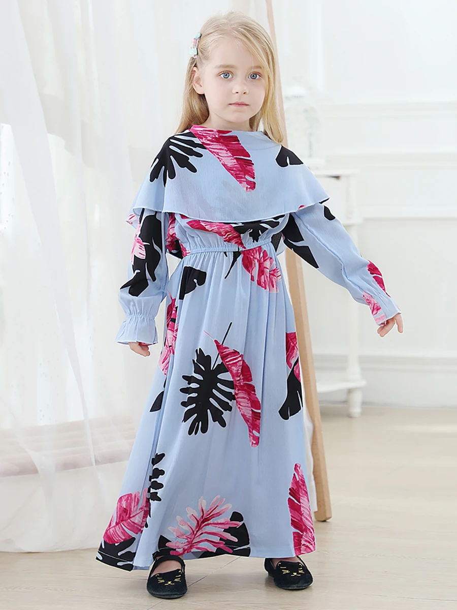 1902#Abaya Modest Fashion Printing With Lapel Little Girls Dress - CHAOMENG MUSLIM SHOP