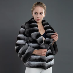CNEGOVIK Fur Jacket Women Overcoat Chinchilla Color Genuine Rex Rabbit Fur Coat Warm Winter Cropped Fashion Outwear