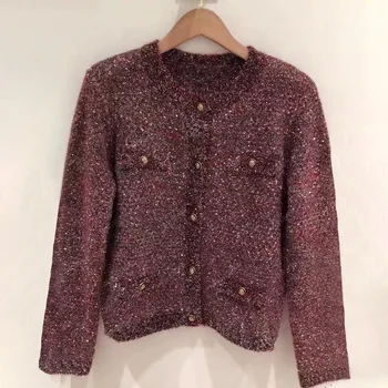 

Women Sweater Fall / Winter 2019 Round Neck Blend Yarn Sequin Long Sleeve Women's Knit Cardigan