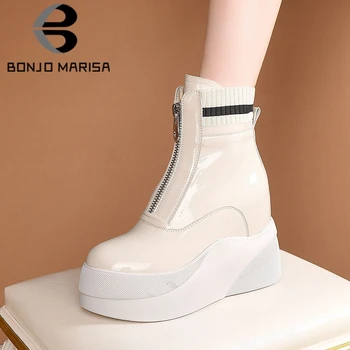 

BONJOMARISA New Arrival Patent Leather Zipper Platform Internal Increases Heels Ankle Boots Stylish Winter Shoes Boots Women