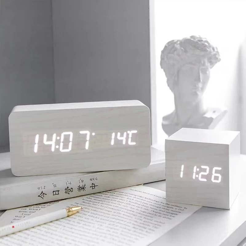 Alarm Clock LED Wooden Watch Table Voice Control Digital Wood Despertador Snooze Time Temperature Display Desktop Clocks |