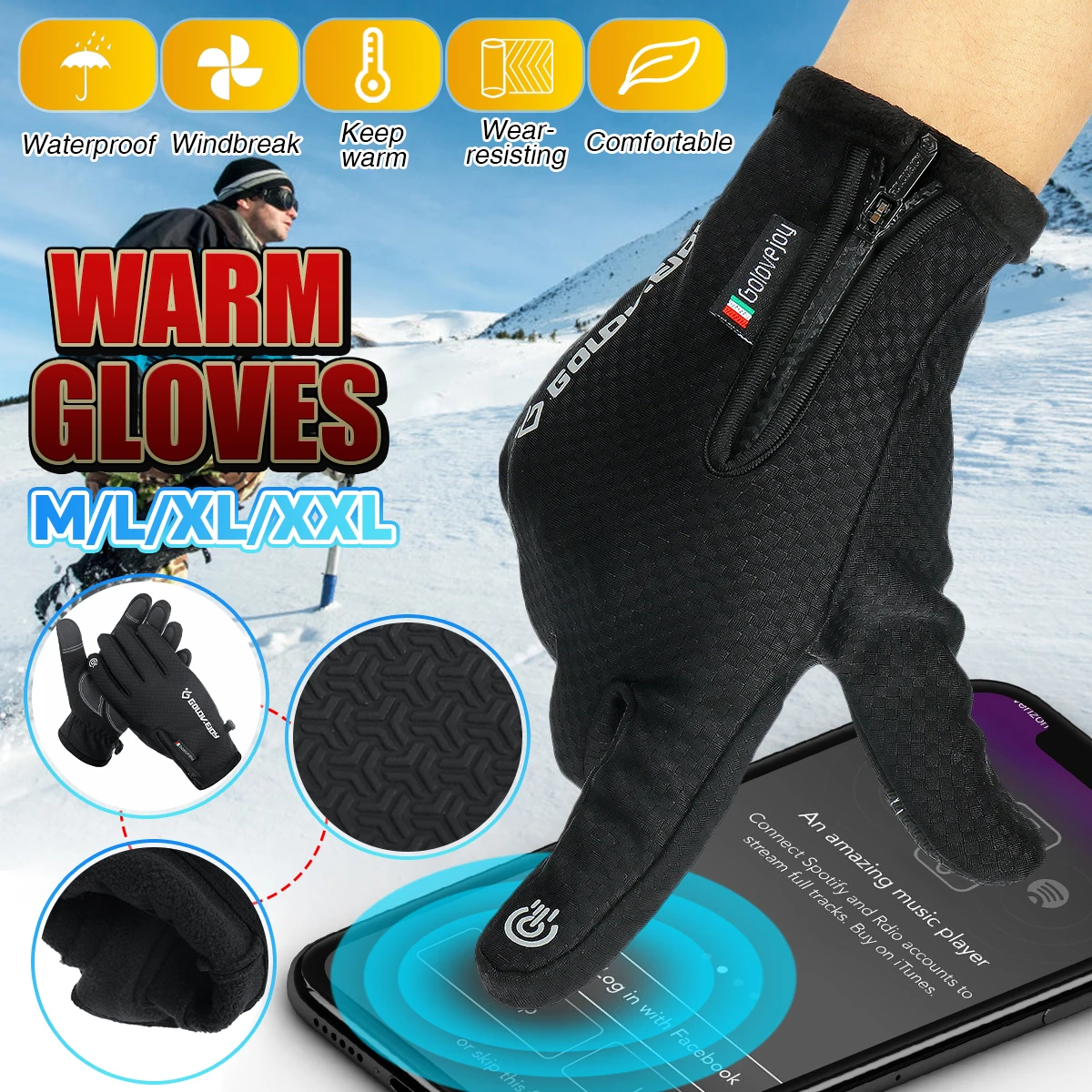 Перчатки с подогревом, зимние теплые перчатки для женщин и мужчин, противоскользящие перчатки с сенсорным экраном, дышащие, водонепроницаемые, на молнии, ветрозащитные черные перчатки