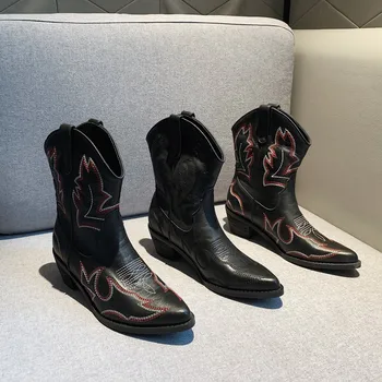 

Women's genuine leather shoes cowhide chunky heel pointed slip-on biker boots Western cowboy wind mid heel