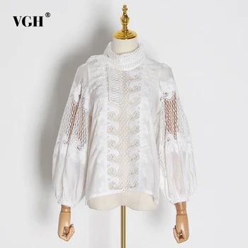 

VGH White Elegant Embroidery Women's Shirt Scarf Collar Lantern Sleeve Female Shirts Clothing Autumn Fashion New