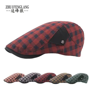 Spring Summer Classic Plaid after Metal Buckle Regulation Forward Cap Short Brimmed Breathable Cotton Beret Casual Newsboy