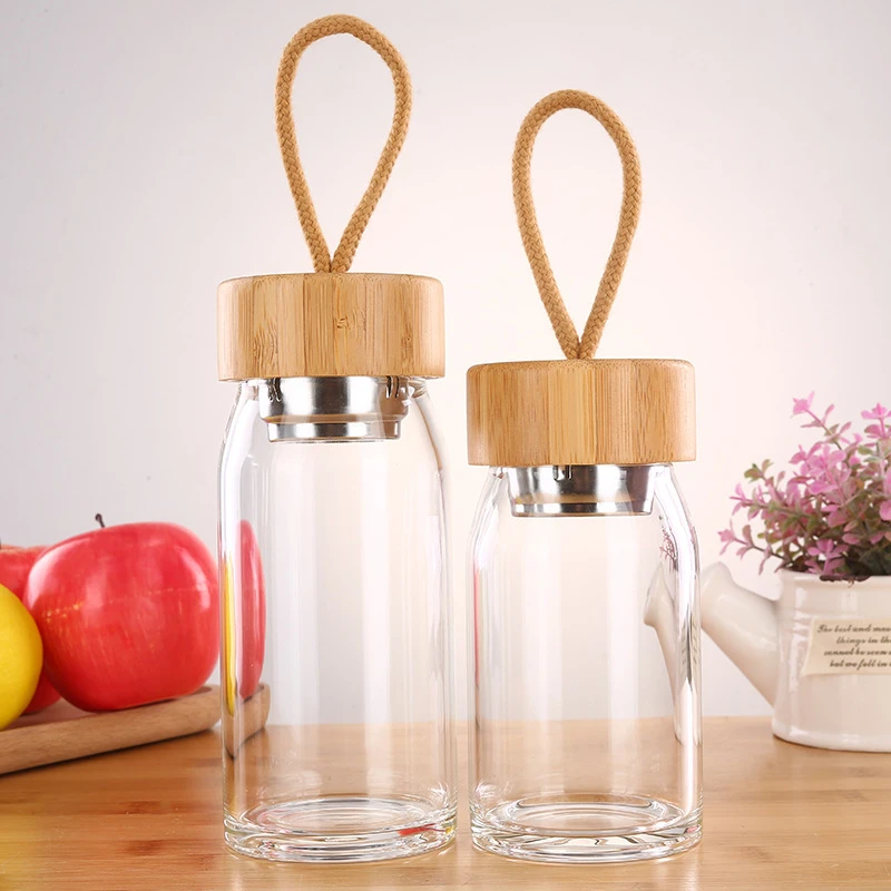 

300ML Portable Borosilicate Glass Water Infuser Bottle With Filter Bamboo Lid Rope For Beverages Outdoor High Quality Convenient