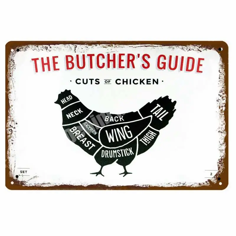 Butchery винтажные металлические направляющие знаки резки говядины курица для разделывания свиньи, утки кухонный плакат декоративные таблички наклейки на стену N