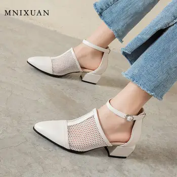 

Classics shoes woman gladiator sandals chunky heels 2020 summer new pointed toe genuine leather women mesh sandals boots size 43