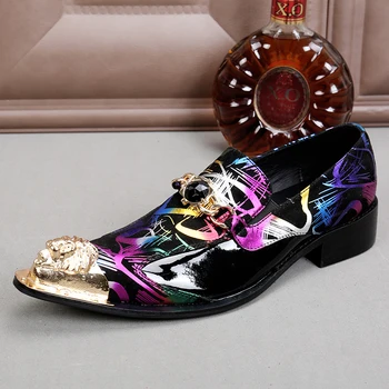 

Italian Designer Classic Genuine Leather Gemstone Metal Tip Flats Banquet Wedding Mens Dress Shoes Patent Leather Printing Shoes