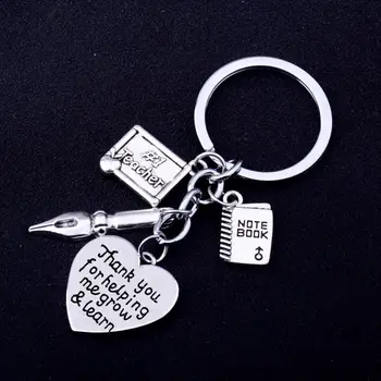 

12PC Engraved Words Thank You For Helping Me Grow And Learn Keyrings Teacher Pen Notebook Pendant Keychain Teachers Jewelry Gift