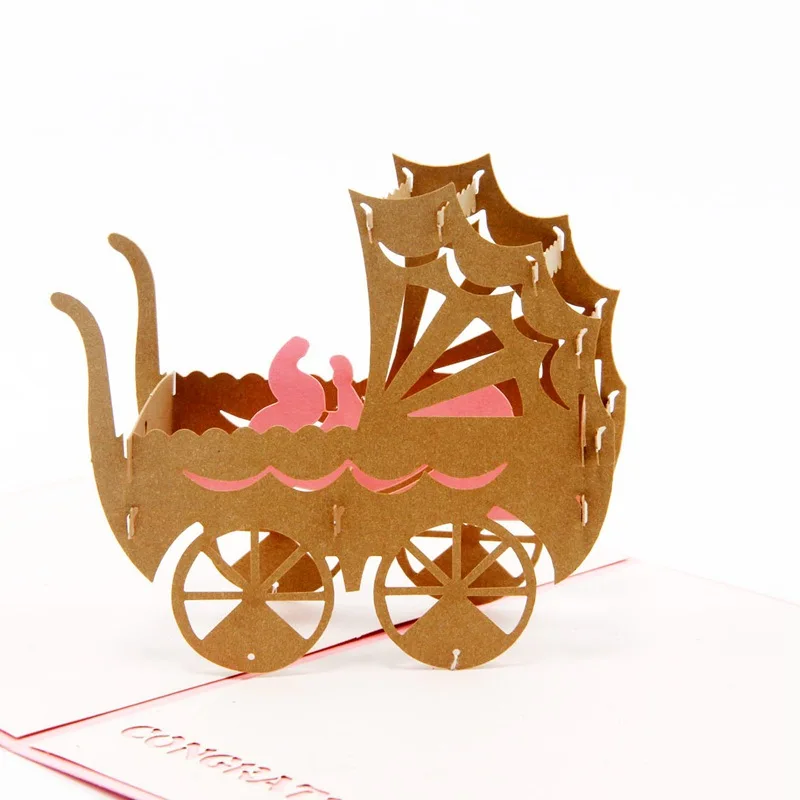 10pcs 15.5*13cm 3D stroller baby carriage Mother's Day Thanksgiving Day Birthday laser cut invitati - 4000346758440