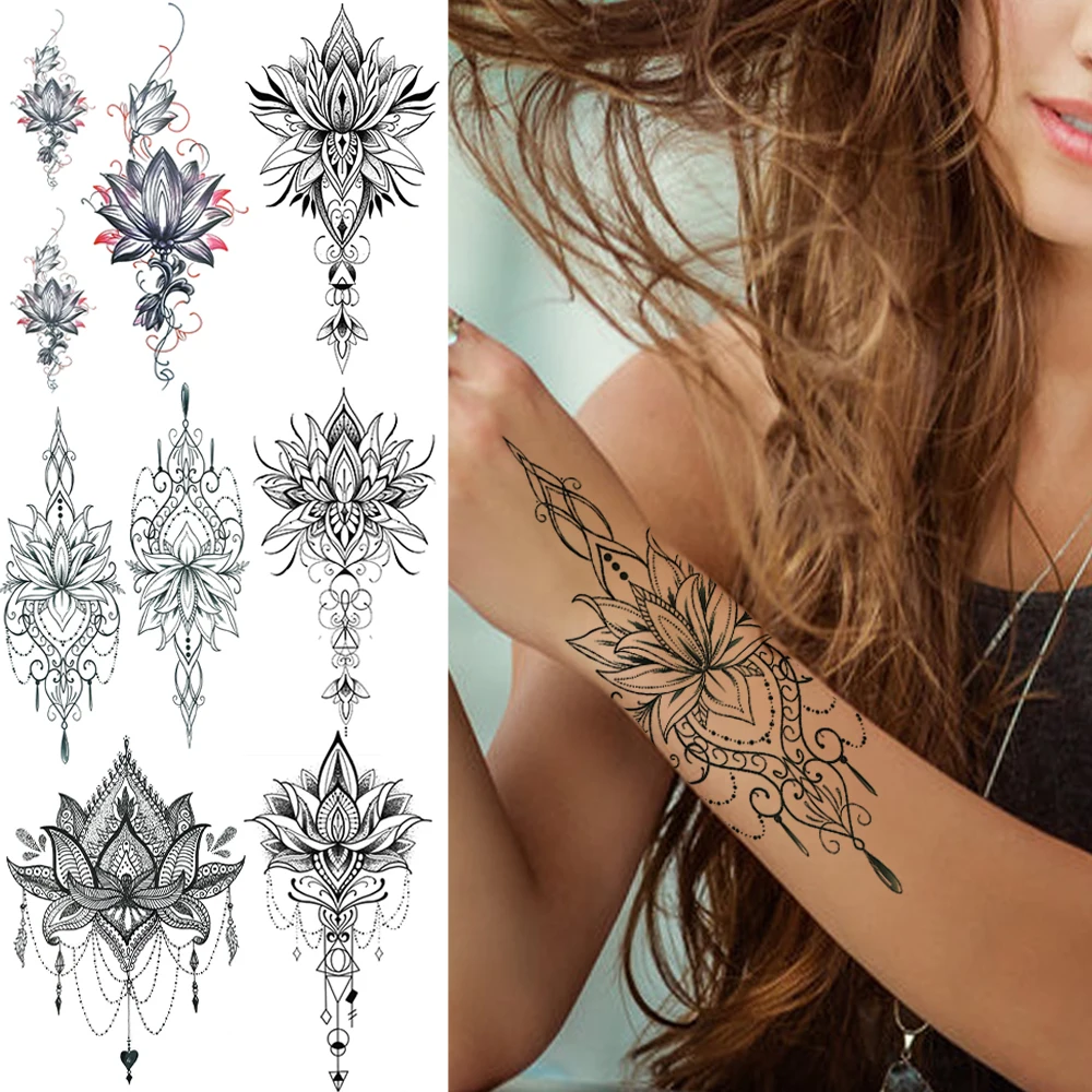 Henna  Lotus Temporary Tattoo For Women Fake Jewelry Chains Black Flower Body Art Abstract Tatoo Sticker Transfer Girl Tattoo