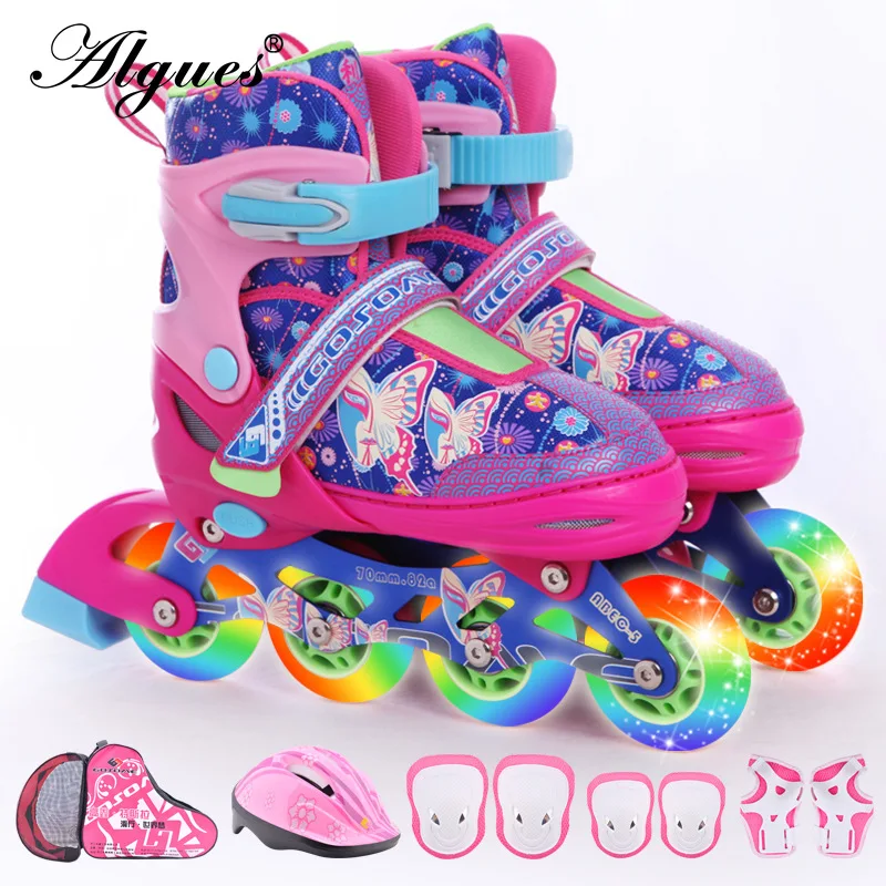 

Quality PU Flash Roller Children's Skates Full Set Four-row Adjustable Single-row Roller Skates Professional Slalom PU Leather