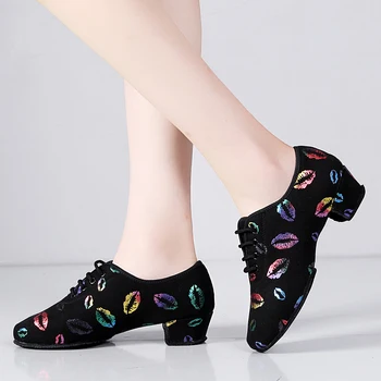 

New Sneakers Latin Dance Shoes Women Teacher Shoes 5cm Heel colorful Lips Oxford Cloth Lace Up Ballroom Salsa Dancing Shoe Girls