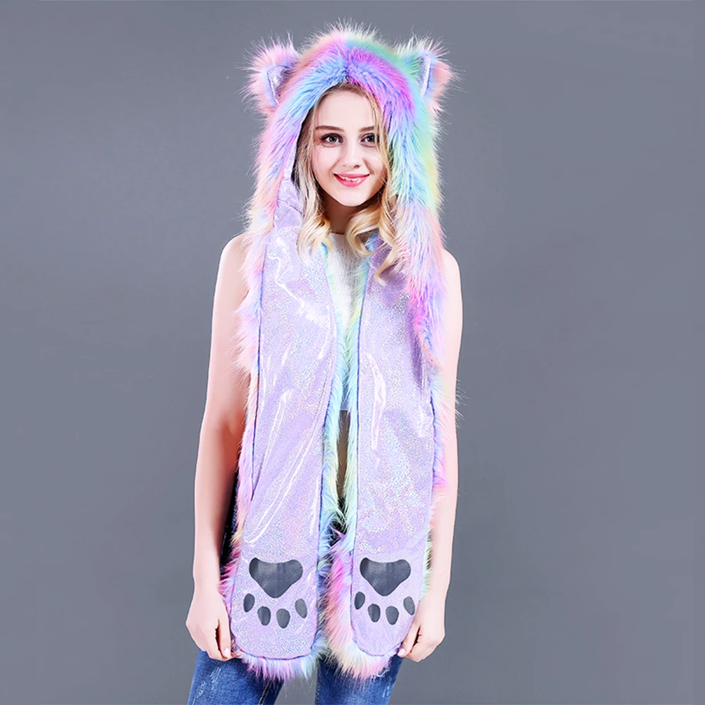 

2019 New Imitation Fur Hat Version Rainbow Color Stype Ball Hat Scarf Gloves In One Fashionable Lovely Children's Scarf