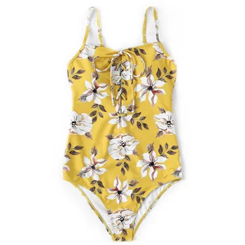 

Yellow Floral Print One-Piece Swimsuit Women Lace Up Adjustable Bathing Suits Swimwear
