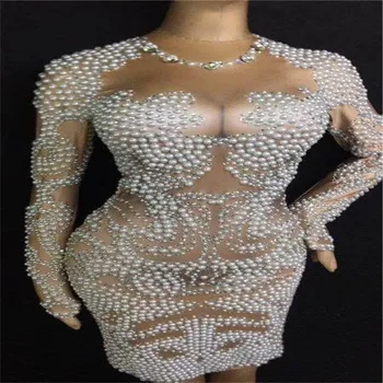 

X6 Women pole dance dress stretched long sleeve pearl bag hip skirt disco show rhinestones outfit one piece dance costume bar ds