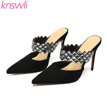 

Knsvvli Fashion High Heels Slippers Women Sequin Rhinestone Shoes Woman Sexy Thin Heels Black Suede Leather Mules Shoes Women