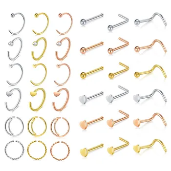 

Surgical Stainless Steel 20G 8mm Nose Rings Hoop L Shaped Bone Screw Nose Rings Studs 32pcs Nose Piercing