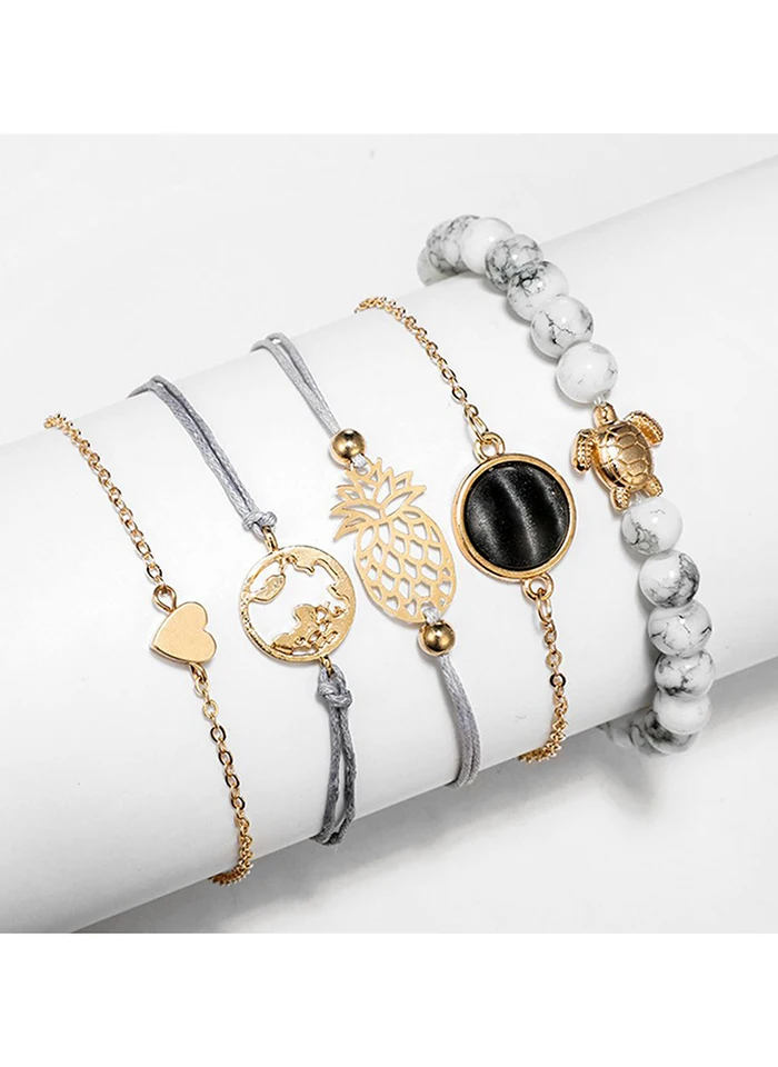 Z женский, черный сплав геометрический Ажур ананас черный опал черепаха карта Любовь Сердце браслет Пять предметов