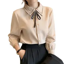 

Bow shirt women's spring new 2021 college style bottomed Shirt Long Sleeve Chiffon shirt design sense minority top