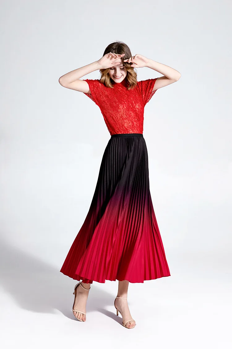 LANMREM Pleated skirt mid-long folded vintage skirt gradient color elastic waist pleated bottoms famale 2020 fashion new YJ726