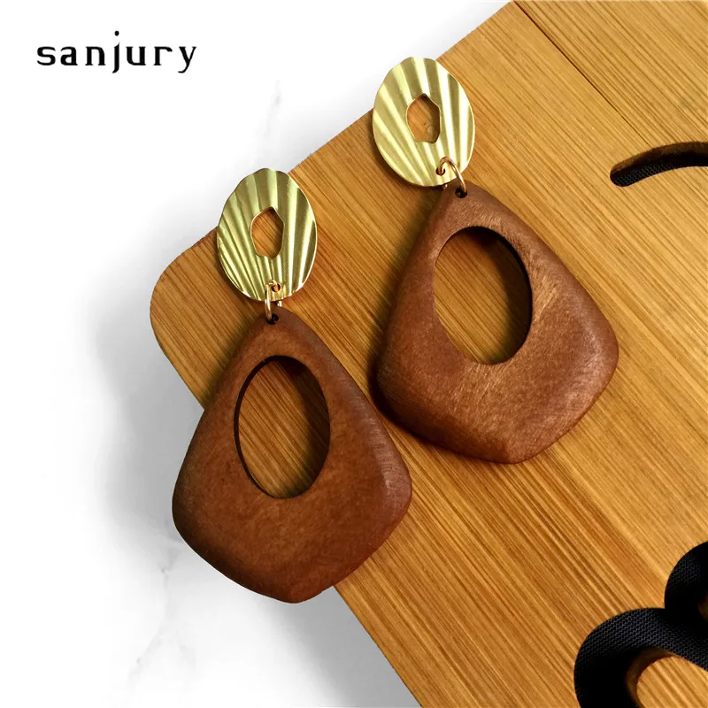 SUNJURY большие, ручной работы, деревянные висячие серьги для женщин, Винтажные серьги, золотые Висячие новые модные геометрические длинные сережки, Boho Jewelr