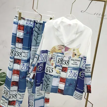 

Fiklyc Ladies Pajamas Spring And Autumn Fashion Cat Print Long Sleeves Home Service Thin Section Of Silk Lapel Suit