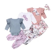 Модный хлопковый боди с длинными рукавами для маленьких мальчиков и девочек+ штаны+ повязка на голову, комплект из 3 предметов, штаны с цветочным принтом, уличная одежда для новорожденных