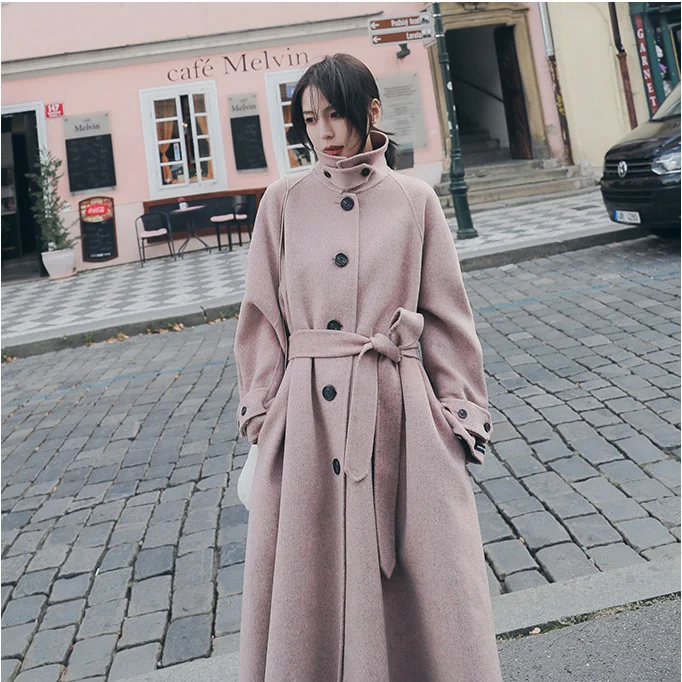 Pink Зимнее кашемировое пальто Хепберн Стиль шерстяное Женское пальто Длинная секция воротник с отложным воротником Регулируемая Талия зимние пальто - Цвет: Pink