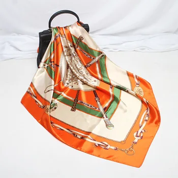 

FXAASS Bandana Women Hijab Square Scarf Fashion Ladies Retro Luxury Silk Scarf Shawls Scepter Print 90*90cm Large Cape Headscarf