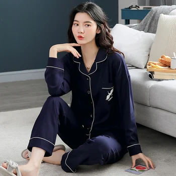 

Autumn Pajamas For Women Casual Homewear Cotton Nightwear Women Set Turn-down Collar Sleepwear Set 2pcs Big Size Wholesale