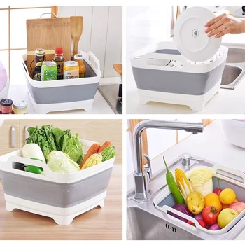 

1pc Silicone Dish Tub Collapsible Collapsible with Drain Plug Carry Handles, Washing Basin Drainer, Sink Colander for Camping