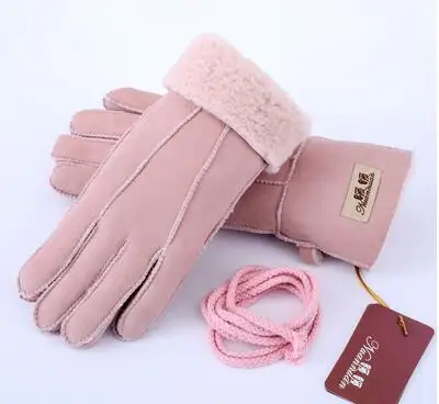 Мужская осенне-зимняя утолщенная теплая цельная шерстяная меховая кожаная перчатка Мужская зимняя брендовая шерстяная меховая рукавица R2218 - Цвет: women pink