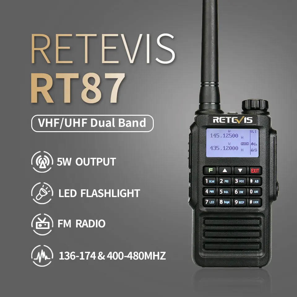 RETEVIS RT87 Walkie Talkie Waterproof IP67 Ham Radio Amador Two-Way Radio 5W VHF UHF Dual Band Walkie-Talkie Hunting Airsoft