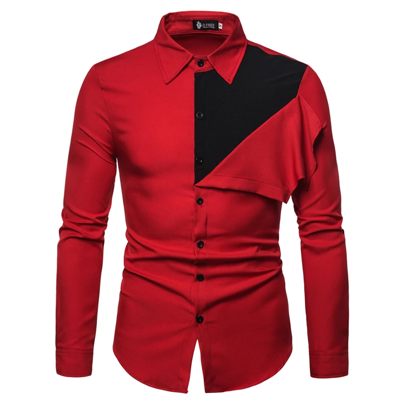 ZUSIGEL Мужская Повседневная рубашка Slim Fit Новая Осенняя индивидуальная Лоскутная мужские рубашки с длинным рукавом однобортные мужские рубашки - Цвет: Красный
