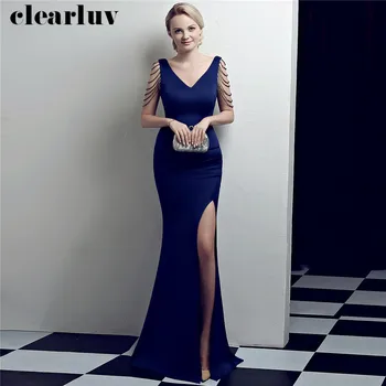 

Long Split Prom Dress Elegant Floor Length Women Party Gown DX322-5 2020 Plus Size Robe De Soiree V-Neck Sleeveless Evening Gown