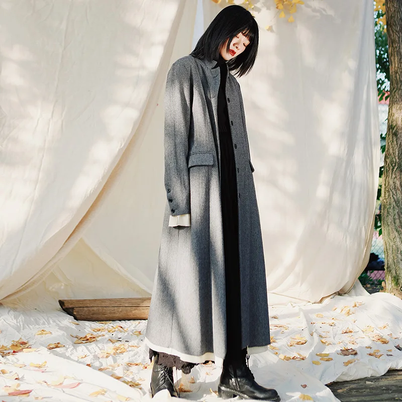 

LANMREM Hit Color Single Breasted Mid-length Split Woolen Coat Women Vintage Loose Slim Temperament Coat 2020 New Spring PD201