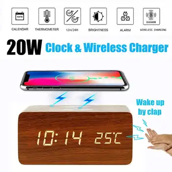 

Electric LED alarm clock with phone wireless charger Desktop digital thermometer clock HD mirror clock with date 12/24 h switch