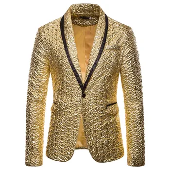 

Puimentiua Fashion Men Shiny Blazers Gold Glitter Suit Jackets Male Nightclub One Button Suit Blazer DJ Stage Blazers