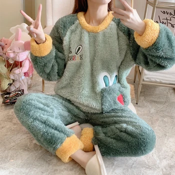 

JULY'S SONG Cute Winter Flannel Animal Pajamas Set Women's Sleepwear Thick Plush Cartoon Soft Cute Girl Plus Velvet Homewear